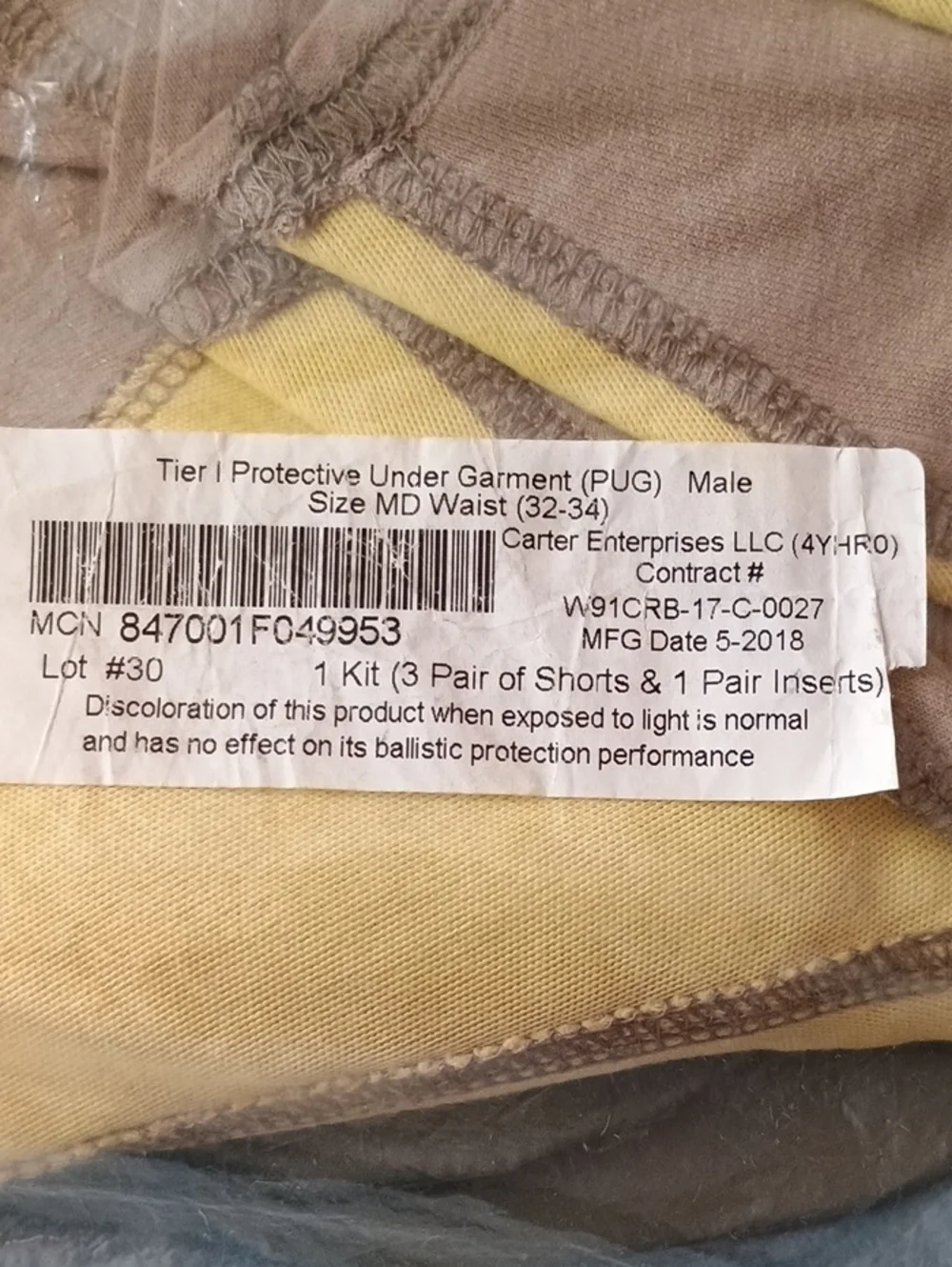 Tier 1 Protective Under Garment (PUG) male Size Medium Waist (32-34)